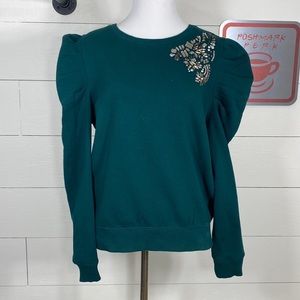 EXPRESS, evergreen sweatshirt, puffy sleeves, rhinestone embellishment